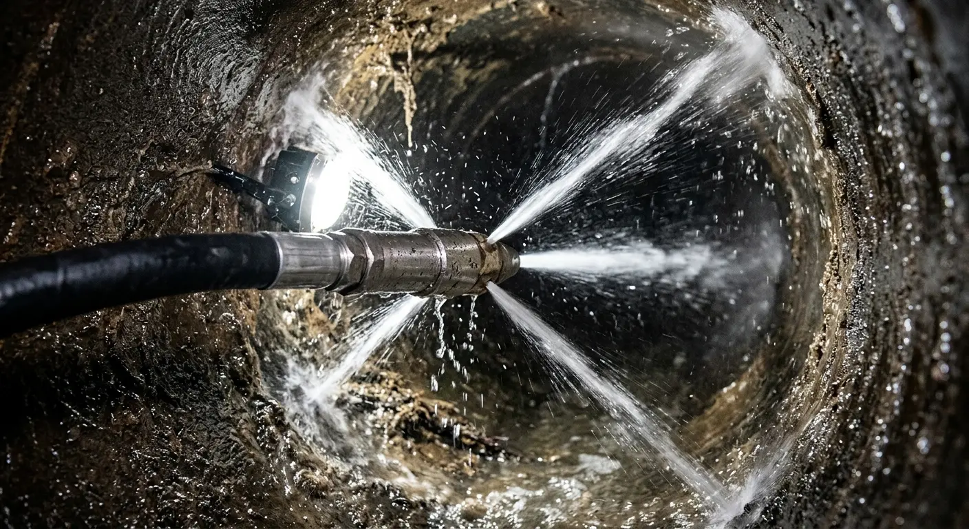 High-pressure hydro jetting nozzle cleaning sewer pipe for Emergency Drain Service in Shoreline