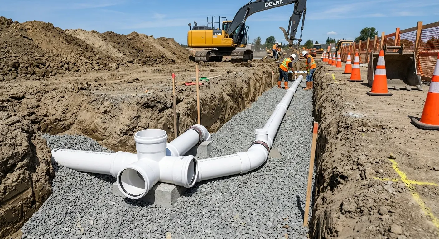 New PVC sewer pipe installation in open trench for Sewer Camera Inspection in Shoreline