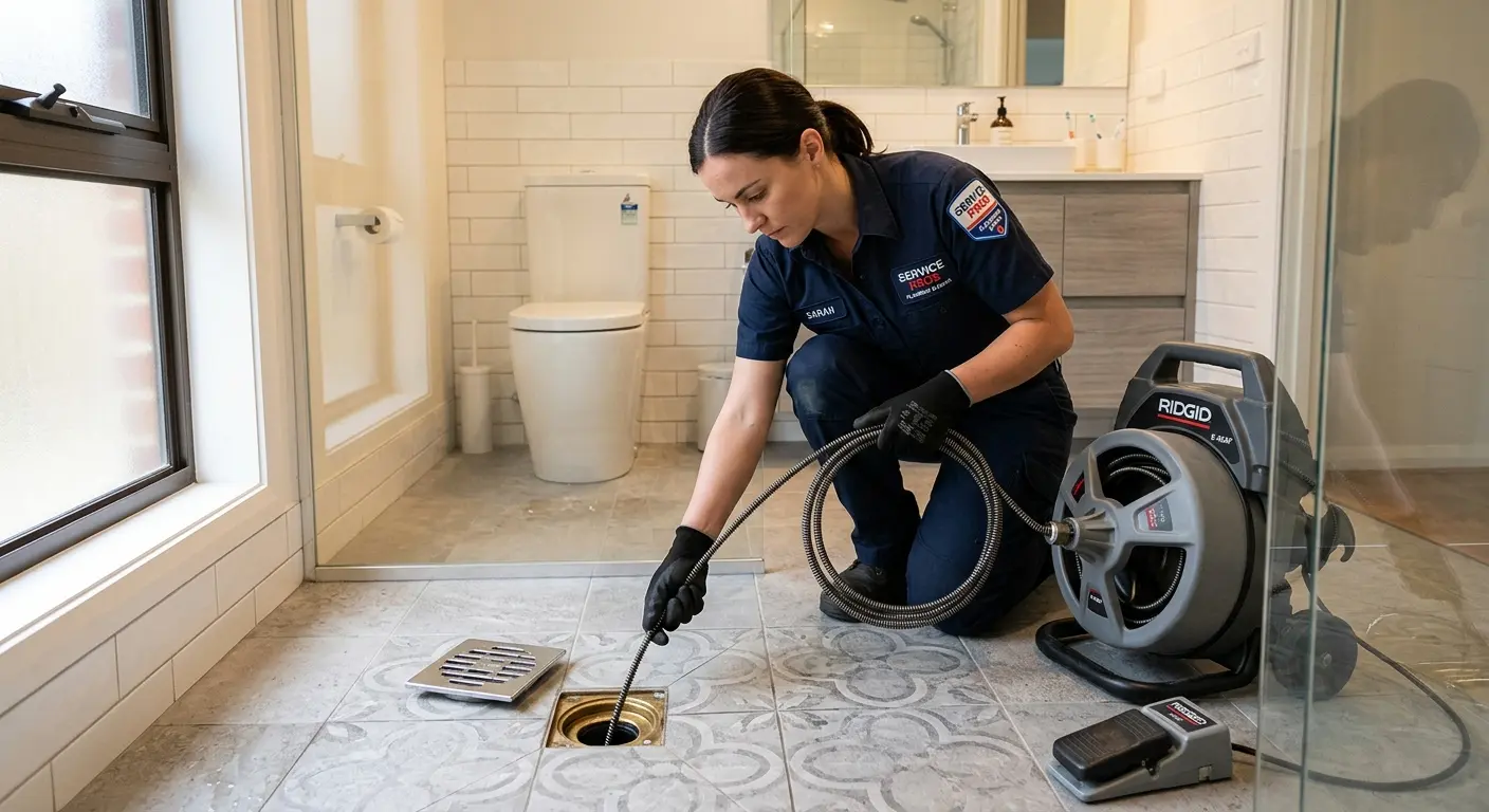 Technician clearing a bathroom floor drain for Sewer Line Replacement in Shoreline